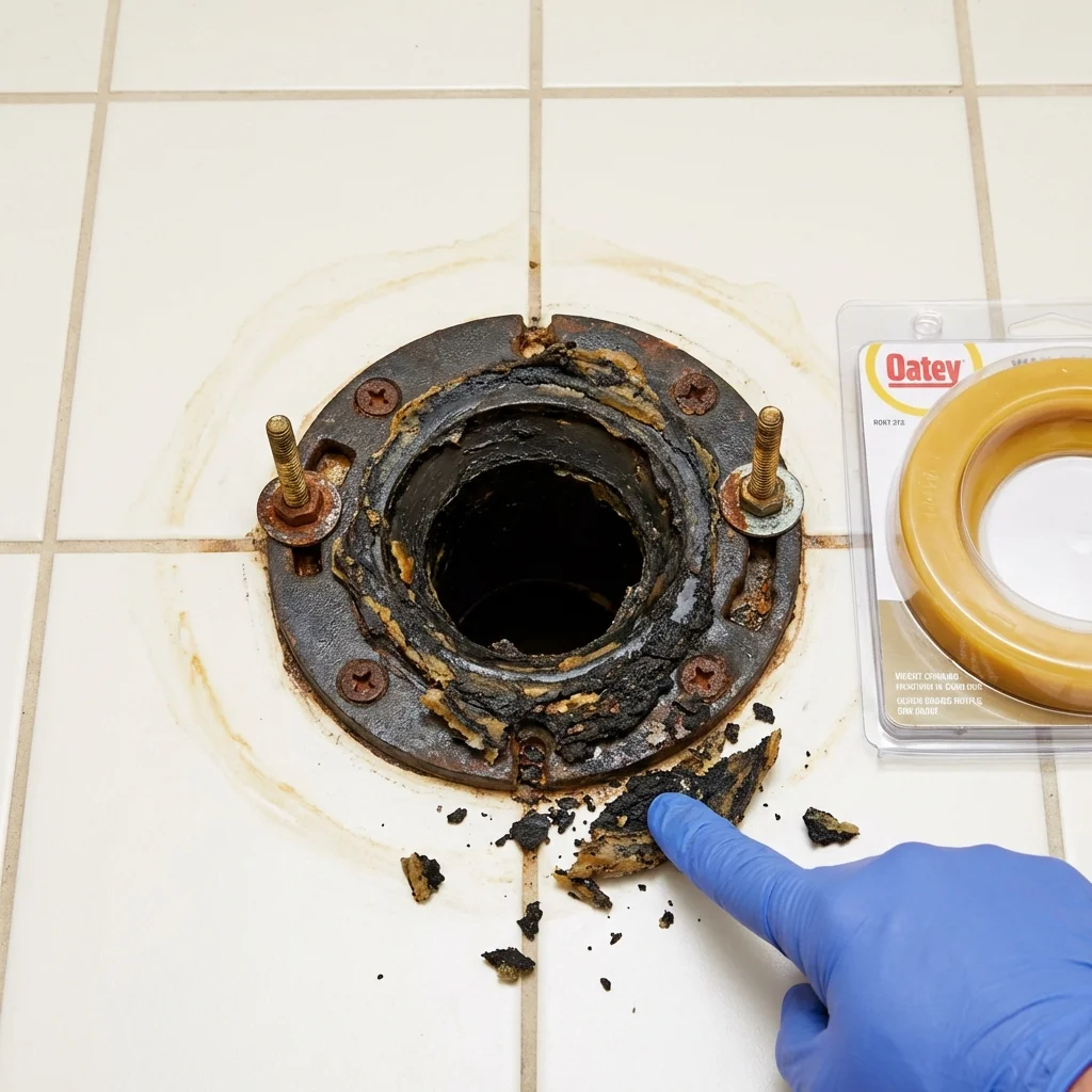 Failed wax ring showing water seepage at the base of a toilet in a Hahira, GA home