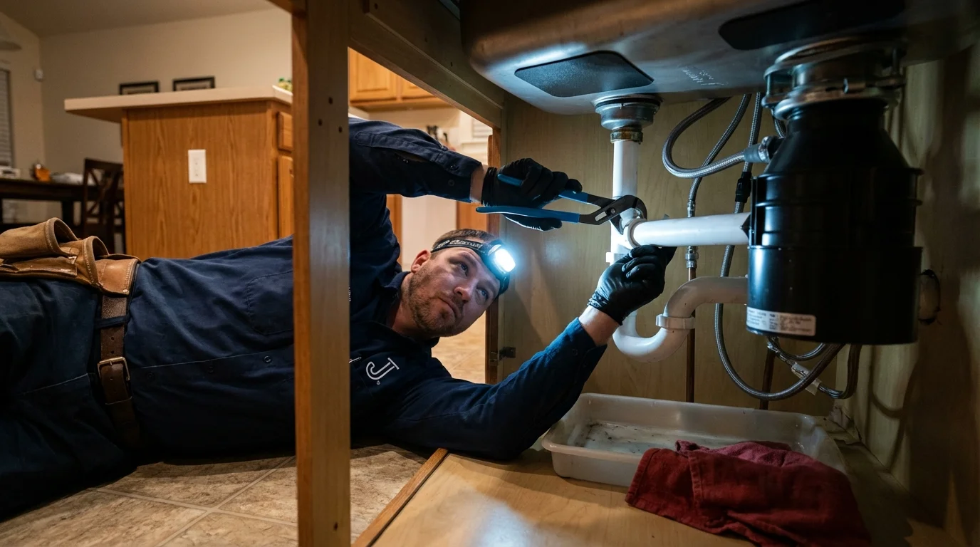 P-trap and supply line connections under a kitchen sink showing a common leak point in Hahira, GA